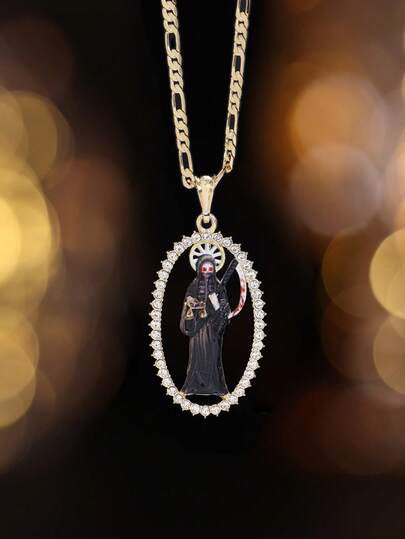 1pc 18K Gold Plated Fashionable Elegant Synthetic Zirconia Death God Pendant Necklace, Exquisitely Designed Charm Jewelry, Perfect For Holiday Gifting And Prayer