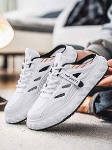 2026 Nuevos zapatos de malla transpirables y cómodos para hombre con suela gruesa, aumento de altura, antideslizante y resistente al desgaste, de suela blanda y parte superior de punto, para uso en exteriores y versátiles, de punta cerrada - Blanco y negro - Ver 10