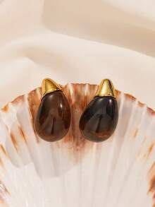 1 Pair Retro French Style Resin Water Drop Earrings, Unique Design Elegant Personalized Earrings For Women - Brown - View 4