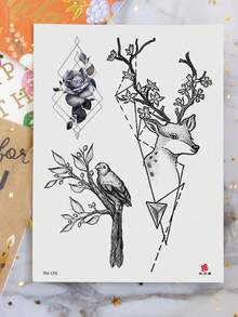1 Sheet Waterproof Black Line Deer Bird Flower Pattern Waterproof Temporary Tattoo Sticker, Can Be Attached To Arms, Shoulders, Back, Legs, Body And Other Parts, Suitable For Both Men And Women, Suitable For Parties And Vacations.,Sketch Style - Black - View 5