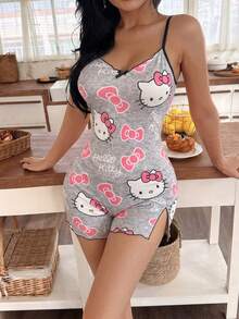 SANRIO 1件KT猫灰色吊带连体衣，夏季新款卡通蝴蝶结印花修身睡衣，V领开衩短裤睡裙，可爱休闲家居服，适合户外穿着 - 淺灰色 - 查看 4
