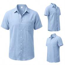 Camisa de hombre de manga corta con cuello henley, estilo hawaiano, de lino suelto y casual - Celeste - Ver 5