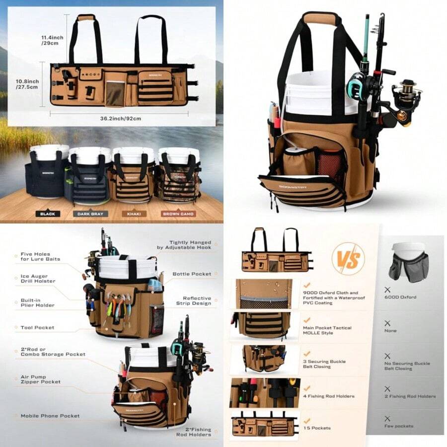 Boomistry Organizador de cubeta de pesca para accesorios de cubeta de 5 galones bolsa de aparejos de pesca con hebilla ajustable bolsa para caña de pescar con 15 bolsillos múltiples para equipo de - caqui - Ver 1