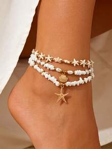3pcs/Set Bohemian Style Vintage Turquoise Starfish Shell Pearl Multi-Layer Anklet - Anklet - View 1