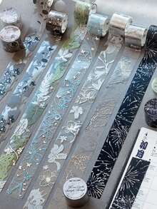 1 Roll 2M Metallic Silver Washi Tape, Vintage Creative Aesthetic Sticker, DIY Decorative Collage Craft Material, Holiday Gift, Personalized Scrapbooking School Supplies - 6. Flowers Reflecting the Light Of Clouds - View 5