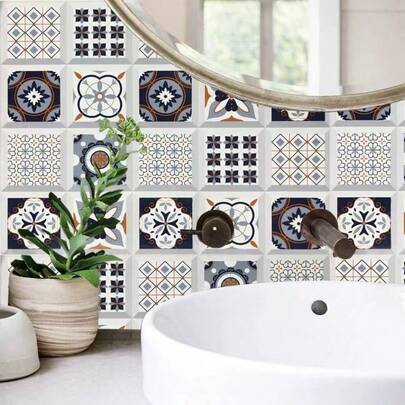 15.17in*78.74in Colorful Retro Floral Pattern Ceramic Tile Stickers, Waterproof Self-Adhesive Wall Paper, Heat Resistant Renovation Wall Decals For Home, Kitchen Decor