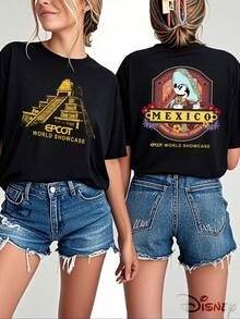 Disney Official Authorization, Women's Casual Cotton Mickey Mouse Mexico Graphic Print Short Sleeve T-Shirt With Round Neck For Epcot World Showcase, Breathable And Light, Suitable For Sports And Leisure Wear, Suitable For Gifts, Suitable For Parties. - 黑色 - 查看 1