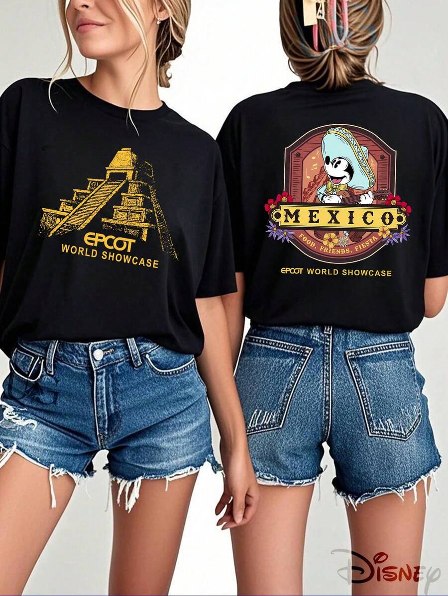 Disney Official Authorization, Women's Casual Cotton Mickey Mouse Mexico Graphic Print Short Sleeve T-Shirt With Round Neck For Epcot World Showcase, Breathable And Light, Suitable For Sports And Leisure Wear, Suitable For Gifts, Suitable For Parties. - 黑色 - 查看 1