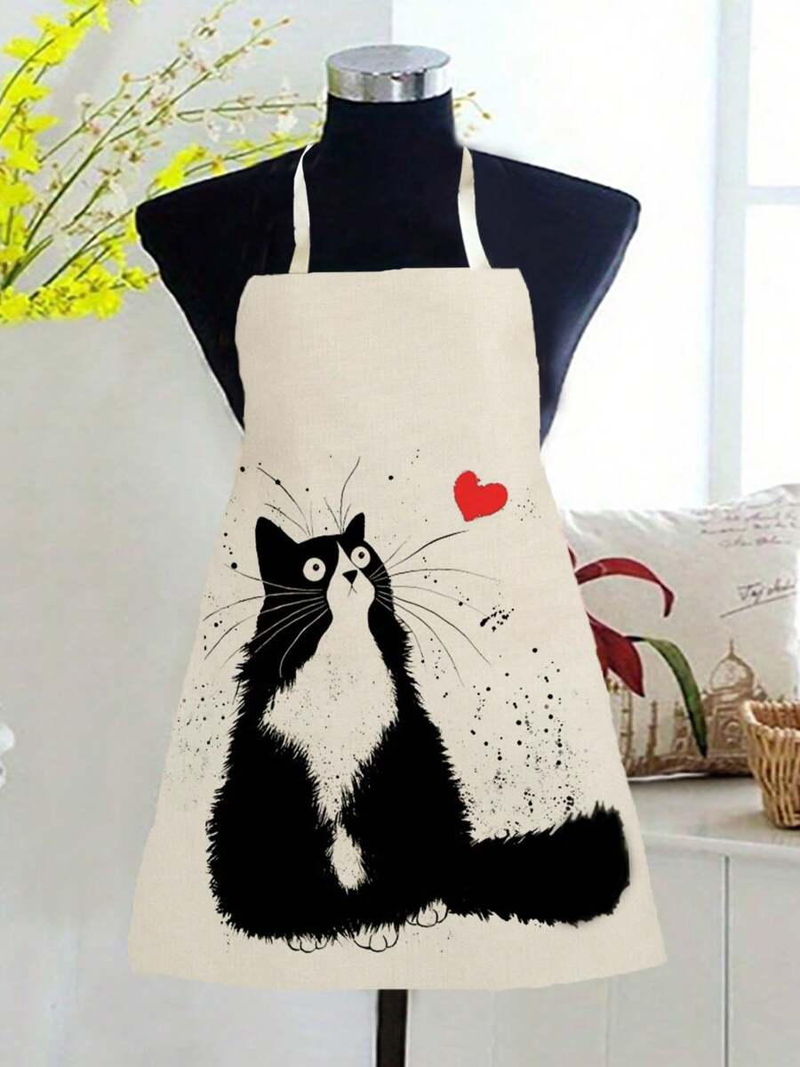 1pc Cartoon Cat Pattern Single-Sided Printed Apron, Unisex Home Kitchen Neck-Tie Apron, Home Decor Cooking Protective Apron - Multicolor - View 1