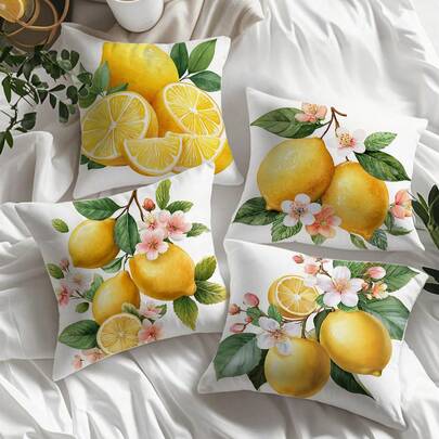 Bộ 4 vỏ gối trang trí họa tiết hoa chanh màu nước, phong cách đồng quê tươi mát, chất liệu polyester in một mặt, có thể giặt máy, phù hợp cho phòng ngủ, phòng khách, ghế sofa, giường, kích thước 45*45cm.