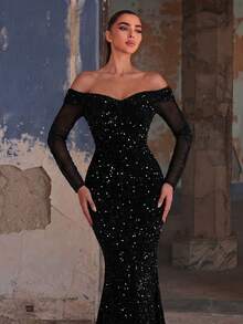 Faeriesty Elegant Open Shoulder Sequin Decor Sheer Sleeve Mermaid Evening Gown - Fall Wedding Party Black - Black - View 7