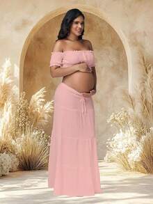 JustVH 2pcs/Set Maternity Off-Shoulder Ruffle Hem Crop Top + Long Skirt Set, Suitable For Maternity Photo Shoot And Beach Vacation Pink - Pink - View 6