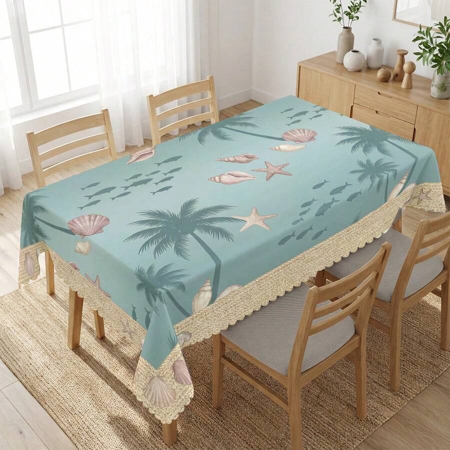 Toalha de mesa com estampa de palmeiras e praia (1 peça), ideal para feriados, festas, aniversários, jantares, decoração de mesas de restaurantes, todas as estações e decoração de casa. - Multicolorido - Ver 1