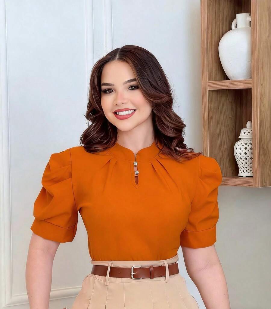 Blouse With Puff Sleeves And Two Buttons. - Naranja Quemada - Ver 1