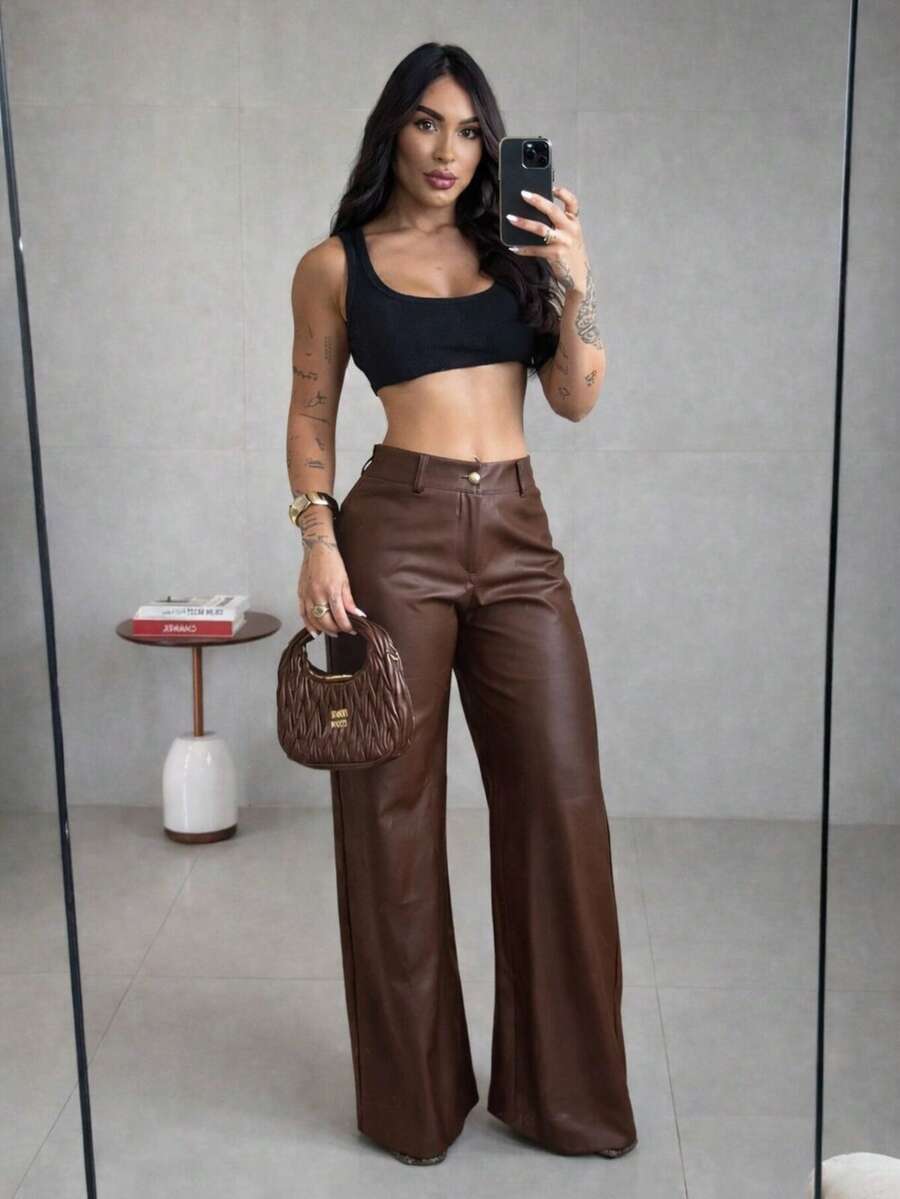 Women's Faux Leather Wide Leg Pants, Winter Fashion 2026, High Waist, Premium, Blogger - 鏽棕色 - 查看 1