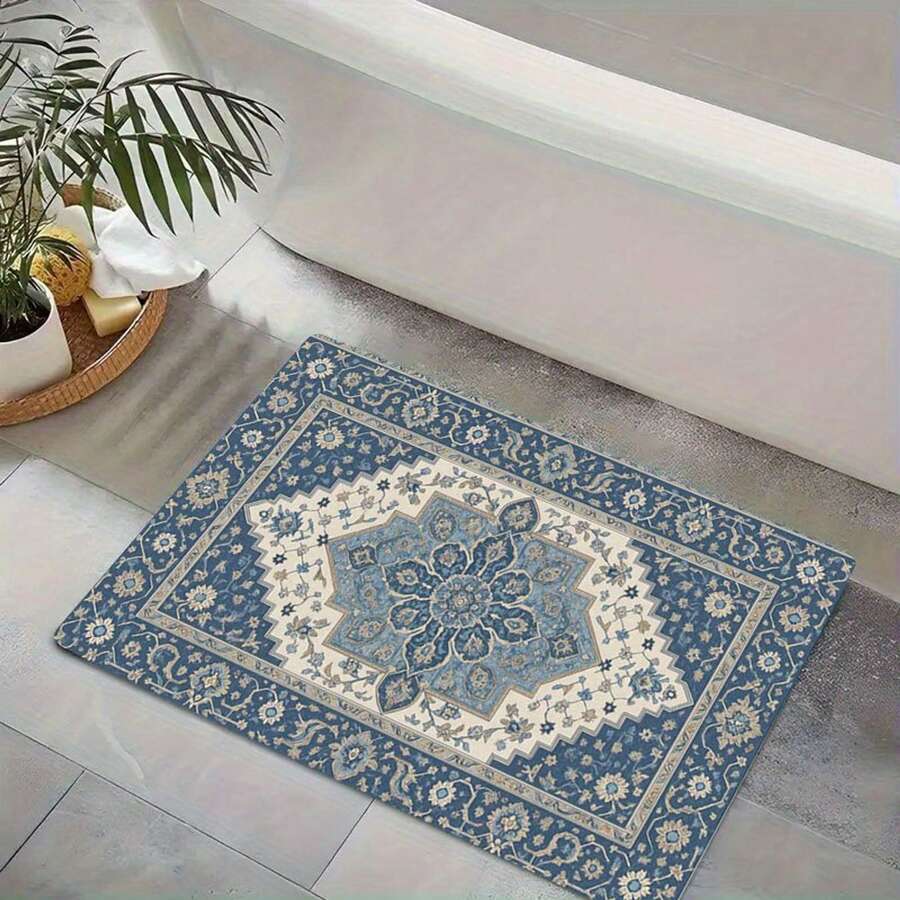 1pc Blue Floral Pattern Rubber NonSlip Mat For Bathroom, Kitchen, Home, Outdoor, Camping, Washable And Water Absorbent Floor Mat Decor - White - View 1
