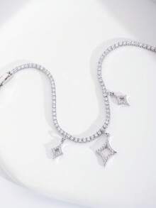 1 Conjunto Pulseira Colar Luxuoso e Elegante com Desenho de Estrela Incrustada de Zircônia Cúbica Cintilante, Adequado para Uso em Casamentos e Festas de Mulheres, Excluindo Caixa de Presente - Prata - Visão 5