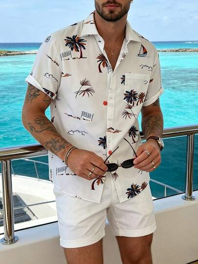 Men's Summer Casual Retro Vacation Style Streetwear Lightweight Vacation Commute Palm Tree Sailboat Beach Volleyball Net Cloud Line Short Sleeve V-Neck Shirt, Home, Outdoor, City, Loose, Streetwear, Casual, Youth, Minimalist, Campus, Vintage, Natural, Versatile, Texture, Elegant, Personalized, Sports
