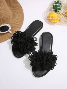 Plus Size Women's Summer Flat Gold Trim Elegant Comfortable Slides, Floral Decor Fashion Versatile Beach Home Outdoor Vacation Sandals - Black - View 7