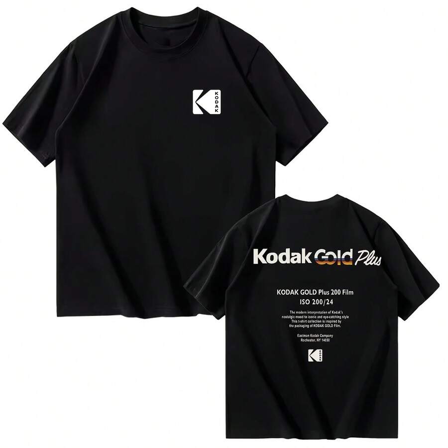 Kodaks Summer Brand Fashion Cool Retro Y2K Print 100% Cotton Men's T-Shirt Street Casual Sweat-Absorb - 黑色 - 查看 1