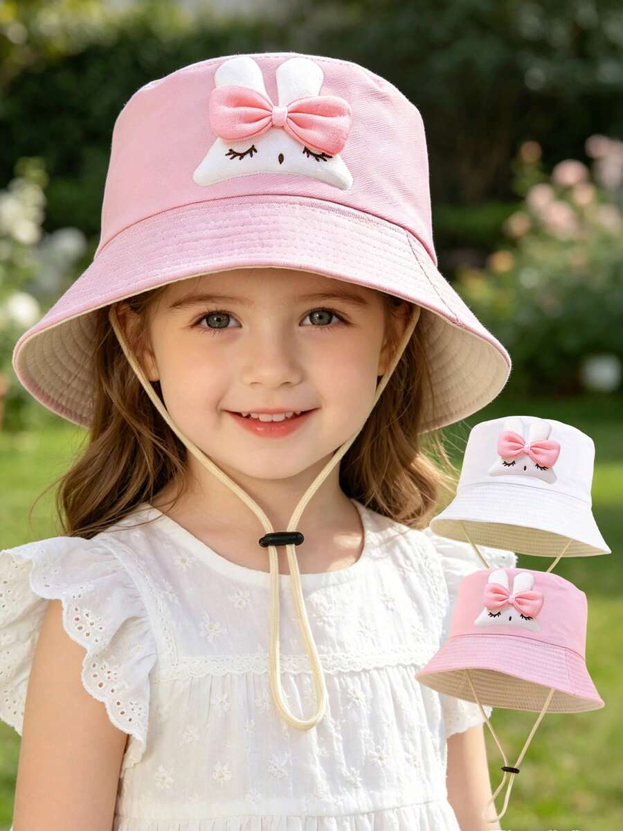1顶可爱兔子图案幼儿女童渔夫帽，可调节下巴带婴儿遮阳帽，适合1-3岁儿童，卡通可爱婴儿户外旅行防晒帽 - 兔子 - 查看 1