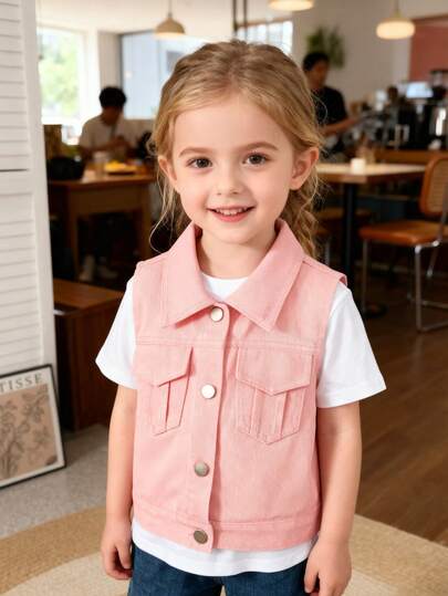1pc Young Girl Casual Street Style Pink Cute & Lively Denim Vest Jacket, Versatile New Arrival
