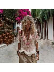 Women's Printed Floral V-Neck Short-Sleeve Shirt - 2026 Summer Collection: Elegant & Versatile Top - JUIM-5781 - Xem 2