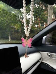 Faux Pearl Butterfly Car Pendant, Creative Car Hanging Decor, Rearview Mirror Accessory, Car Interior Decoration - Butterfly Style - View 13
