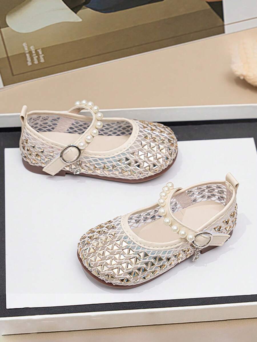 1 Pair Girls' Fashion Rhinestone Decor Comfortable Soft Bottom Summer Mesh Flat Shoes, Suitable For Outdoor Wear - Beige - View 1