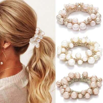 1/3 Pack Fashion Pearl Hair Scrunchies, Elastic Hair Bands, Ponytail Holders, Hair Accessories For Women & Girls