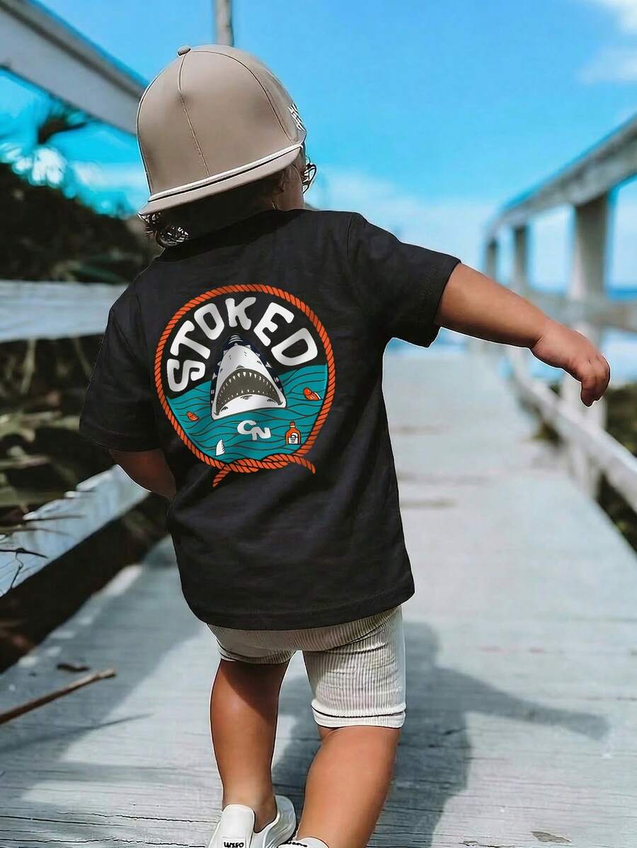 1件装男童休闲印花圆领短袖T恤，夏季学生装 - 一款百搭T恤，为每个孩子带来欢乐和幸福！ - 黑色 - 查看 1