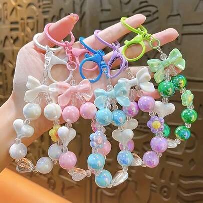 1 Móc khóa hạt cườm mạ màu kẹo ngọt sáng tạo, nhẹ nhàng và tươi mới với mặt dây chuyền hình trái tim nơ, phụ kiện nhỏ để treo túi xách