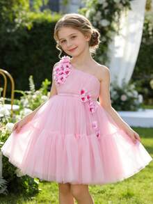 3D Flower Decor One-Shoulder Tulle Princess Dress For Girls, Suitable For Birthday Gift, Party, Wedding, Flower Girl, Holiday Celebration - Pink - View 1