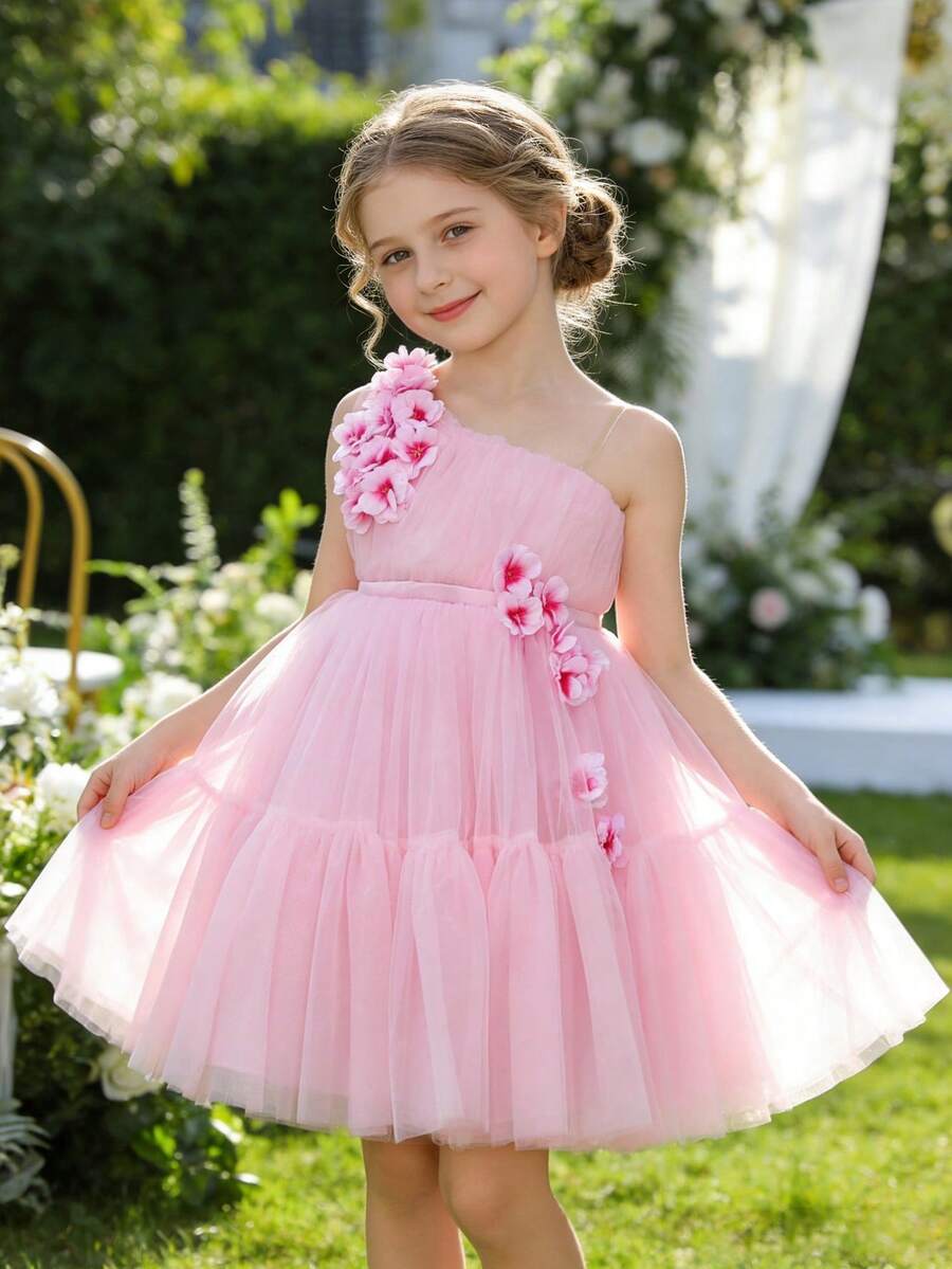 3D Flower Decor One-Shoulder Tulle Princess Dress For Girls, Suitable For Birthday Gift, Party, Wedding, Flower Girl, Holiday Celebration - Pink - View 1