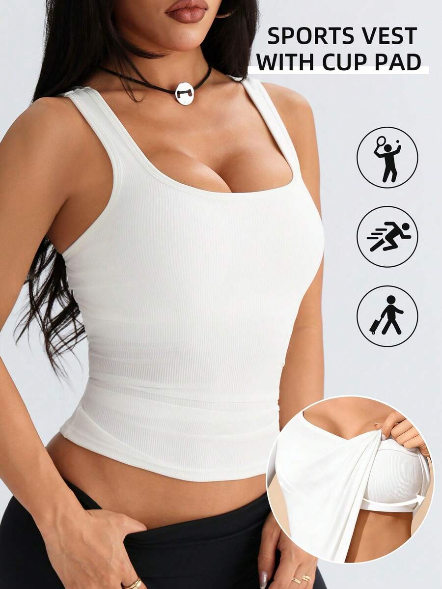 1pc Casual Sports Racerback Tank Top, 4 Seasons, Built-In Cup Holder Ribbed Camisole - White - View 1