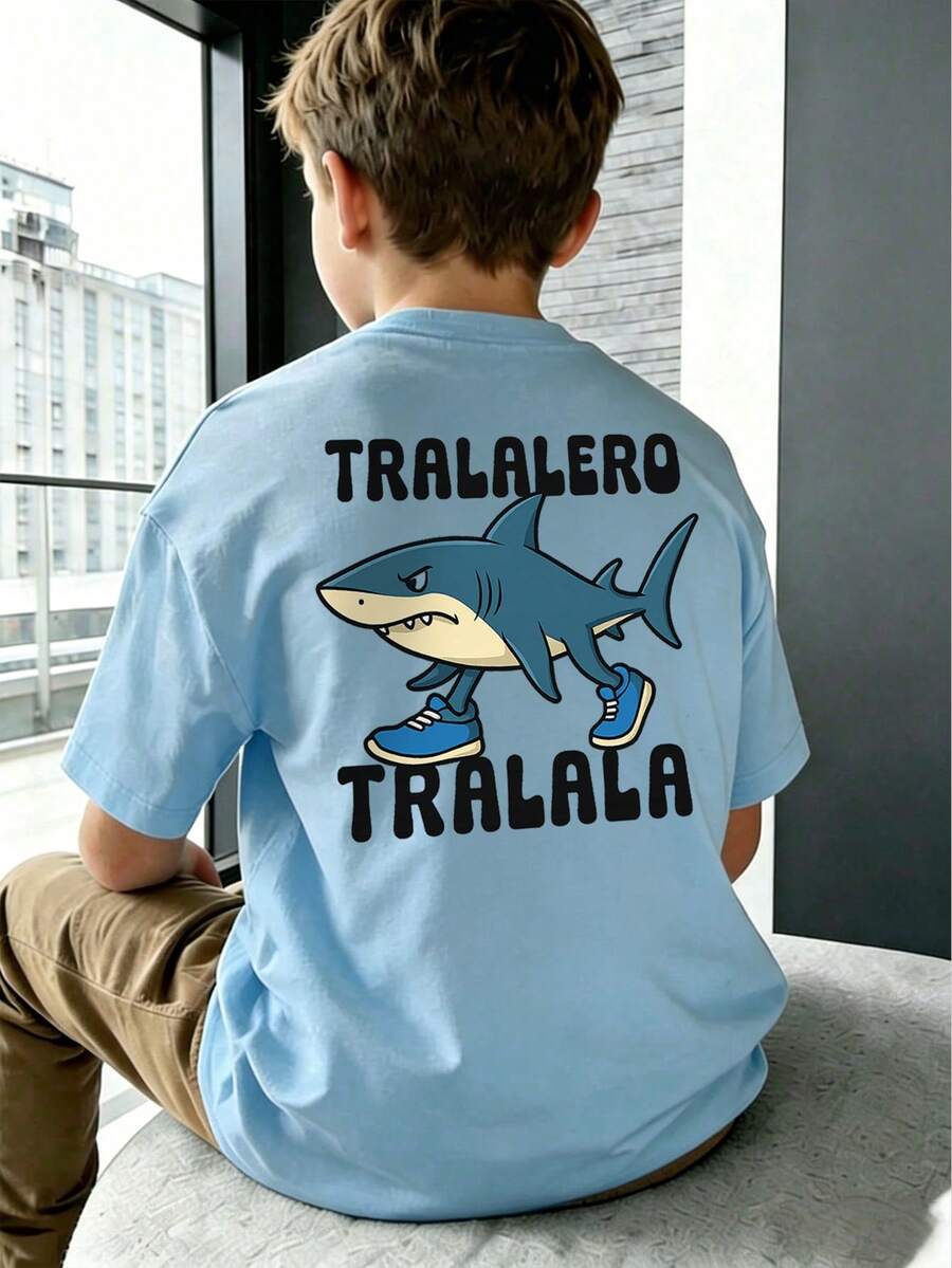 Kaos Lengan Pendek Leher Bulat Kasual Bergambar untuk Anak Laki-Laki Usia Remaja, Atasan Musim Panas - Baby Blue - View 1