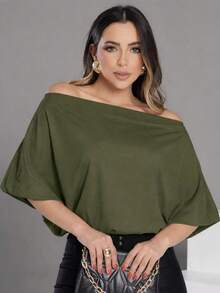 Women's Formal Blouse With 3/4 Batwing Sleeves - Elegant And Sophisticated - 軍綠色 - 查看 4