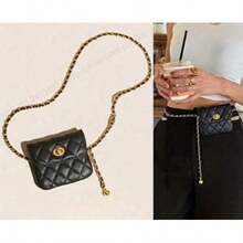 Women's Quilted Diamond Metal Chain Crossbody Bag - Elegant Niche Waist Bag, Compact Lipstick Coin Purse, Lightweight Daily Fashion Bag - 黑色 - 查看 11