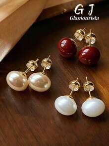 Bộ 3 đôi bông tai đính ngọc trai giả hình tròn, tối giản, thanh lịch, màu trắng, vàng sâm panh và đỏ - Phù hợp cho đeo hàng ngày, lễ hội, đám cưới và tiệc tùng dành cho nữ. - Bộ ba món B - Xem 9