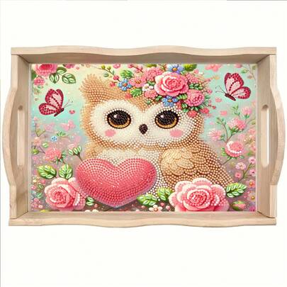 Bộ tranh đính kim cương tự làm kèm khay, thiết kế - Kim cương acrylic bất đối xứng, khay gỗ hình cú mèo, thích hợp cho các buổi họp mặt gia đình, trang trí bữa sáng, uống cà phê, trà, đựng đồ, đồ dùng tiệc tùng, trang trí nhà cửa.