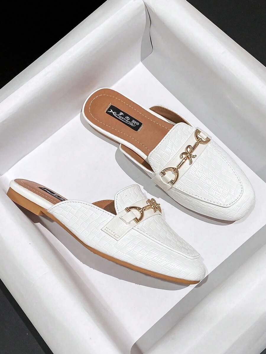 Mengshangli Elegant Plaid Bohemian Flat Mule Slippers, Metallic Accent, Suitable For Office, Party, Spring/Summer - White - View 1