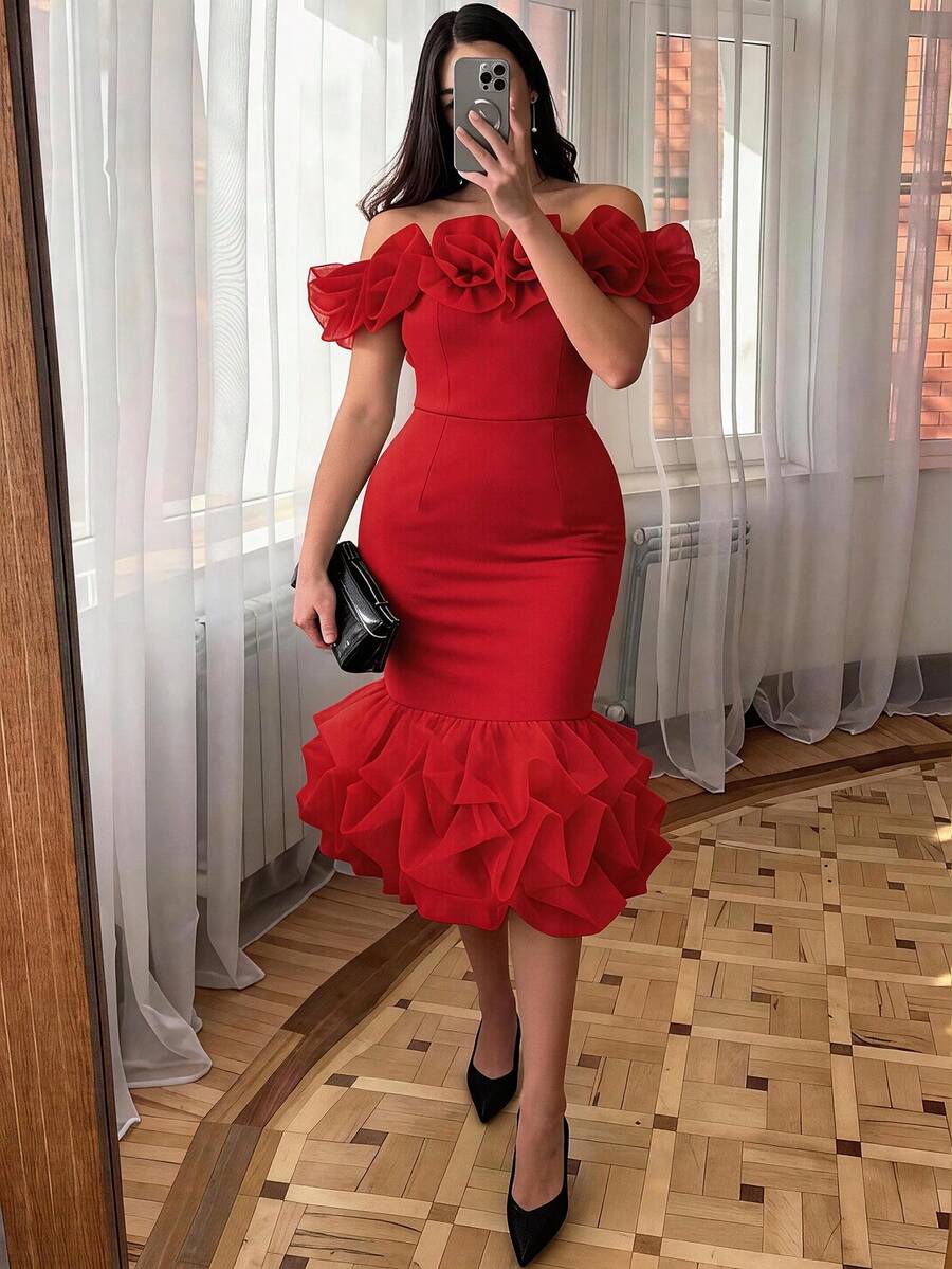 性感无袖露肩女士鸡尾酒会礼服,荷叶边修身晚礼服,适合婚礼穿着 - 紅色 - 查看 1