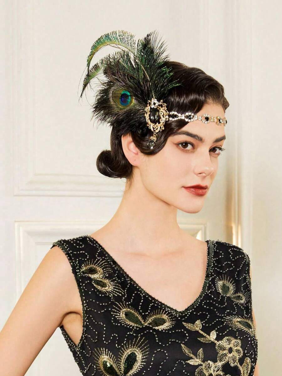 5件套/1920年代复古女士服装及配饰套装，包括1920年代羽毛头饰、复古珍珠项链、手套和水钻耳环，非常适合女性参加派对、舞会和万圣节活动。