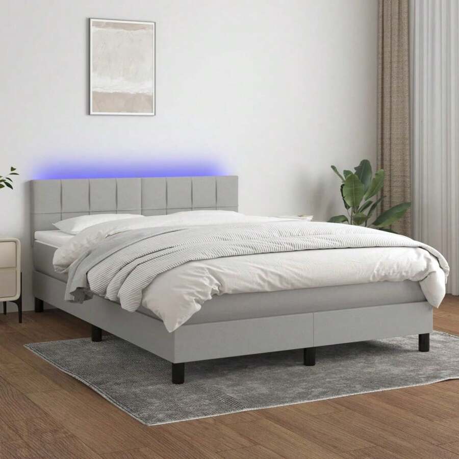 vidaXL Boxspringbett Mit Matratze & LED Hellgrau 140x190 Cm Stoff - Grey - View 1