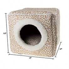 Cat Pet Bed Cave Indoor Enclosed Covered Cavern/House for Cats Kittens and Small Pets with Removable Cushion Pad - marrn tostado Tan Animal Print - Ver 4