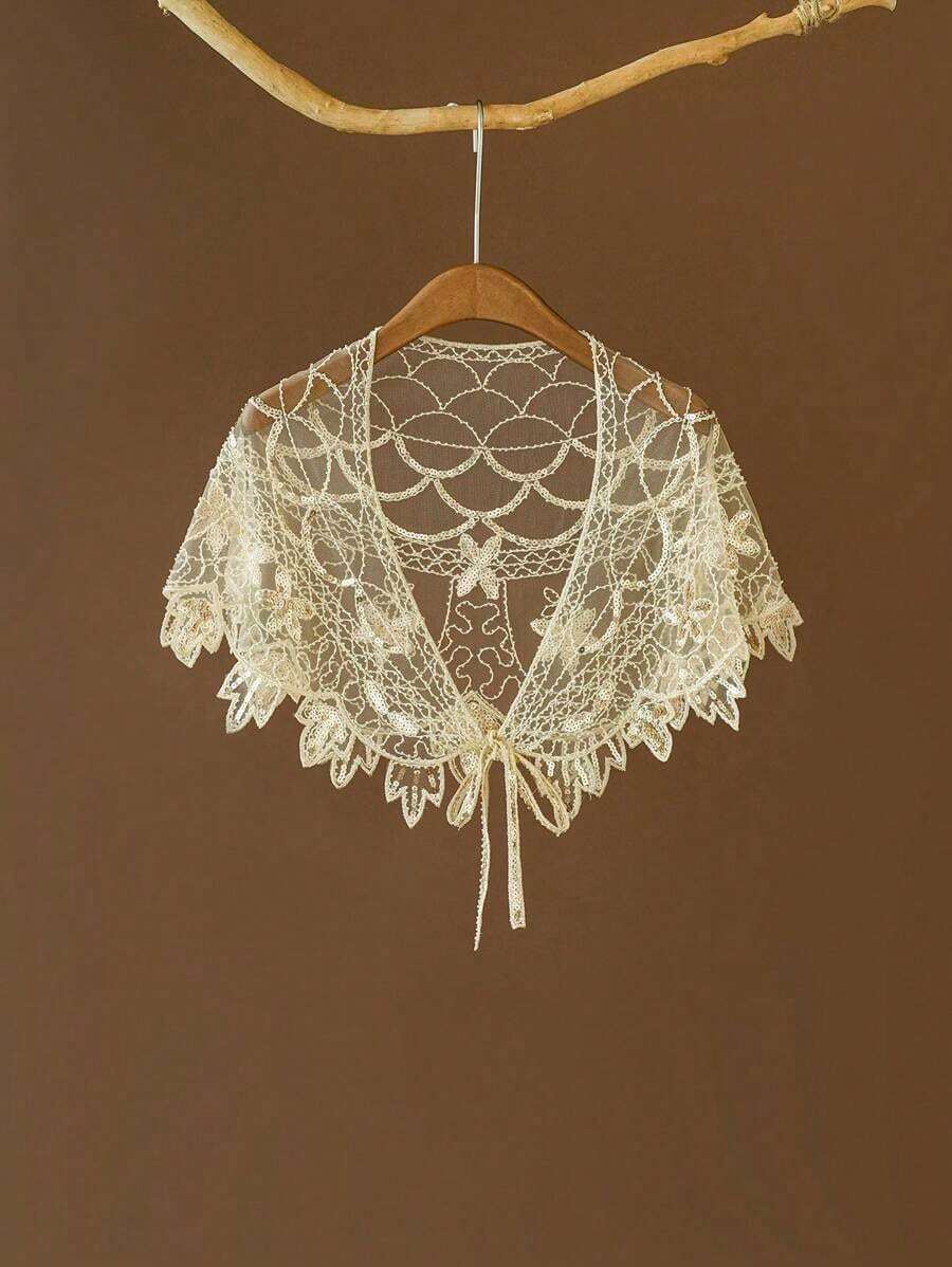 1PC Sheer Lace Flapper Shawl Elegant Vintage Sparkly Beaded Sequin Cape Boho Evening Women's Dress Outerwear Shawl - 黑金色 - 查看 1