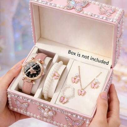6/5pcs Elegant Fashion Delicate Butterfly Dial Quartz Watch With PU Leather Strap, Paired With Graceful Pearl Butterfly Necklace Bracelet Ring Earring Jewelry Set, Suitable For Girls To Wear On Birthdays, Holidays, Graduations, Campus Events, Family Celebrations, Mother's Day, Graduation Gifts