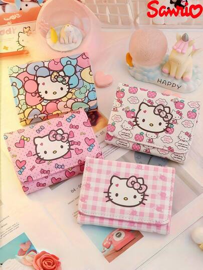 SANRIO 三丽鸥Hello Kitty迷你钱包，女士款 - 小巧轻便的三折设计，按扣闭合，多个卡槽，卡通人物装饰 - 日常必备收纳好物（多种款式可选），可爱造型，卡包/零钱包，非常适合在家、旅行、购物或野餐时存放硬币、银行卡和其他小物件。是圣诞节、生日派对、万圣节、母亲节、情人节和各种节日送给朋友的理想礼物。