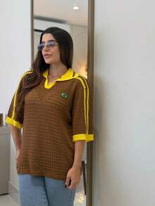 Women's Brazilian Openwork Knit Shirt With Retro Style Polo Neck - 鏽棕色 - 查看 2