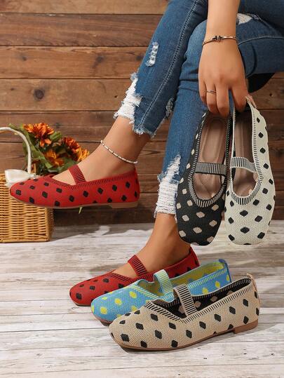 米色方头针织套脚平底女鞋，新款春秋玛丽珍鞋，一体式休闲波点编织网布鞋